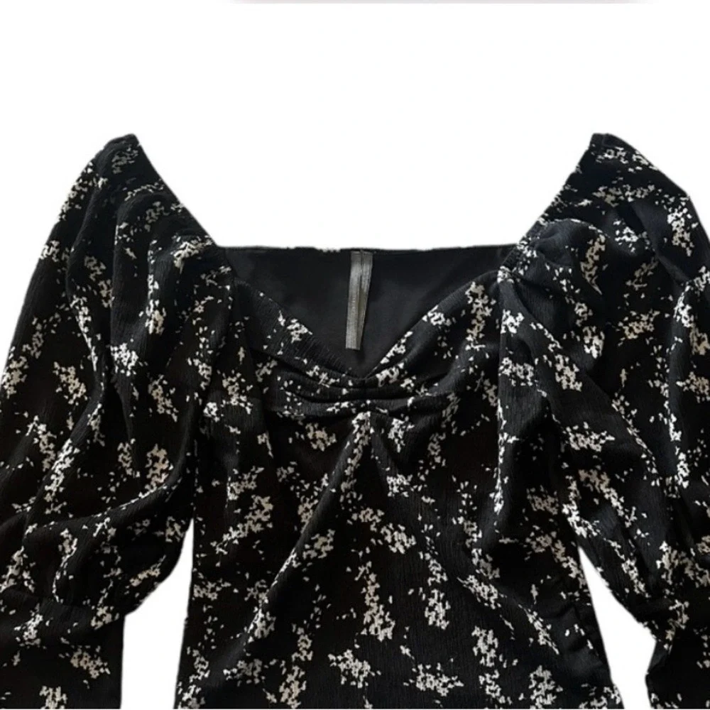 Anthropologie‎ Floral Sweetheart Neck Puff Sleeve Top, Black/White, Size XS
